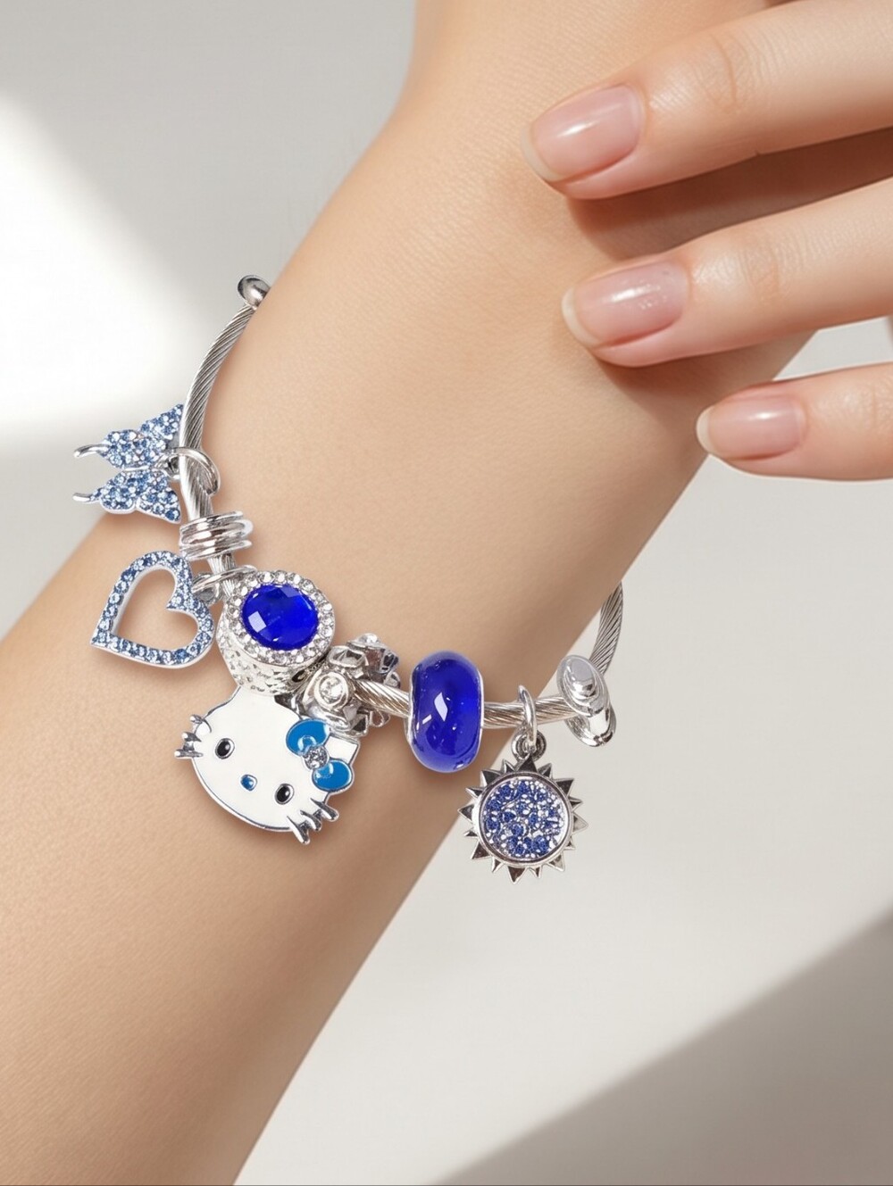 Hello Kitty Charm Bracelet Blue Rhinestone Silver Bangle Sanrio Kawaii Y2K Set